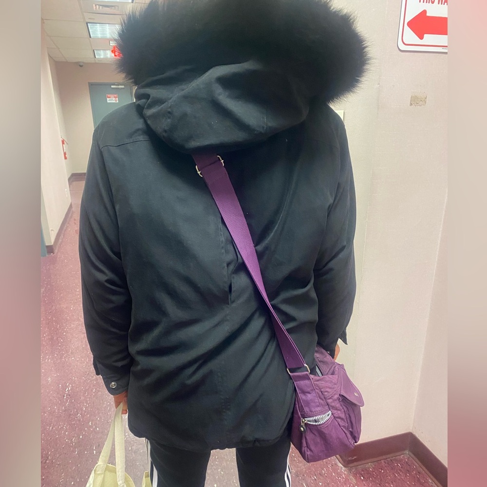 Ladies Black puff coat with pull string. genuine fox fur Hooded winter coat